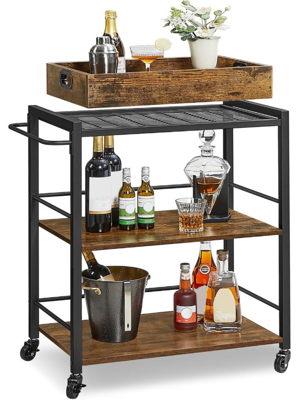 Bar Cart with Wheels, Drink Cart with Wine Rack and Glass Holder
